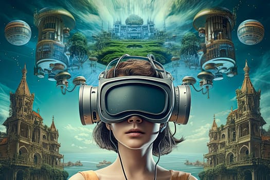 A woman wearing a virtual reality headset is looking at a cityscape. The image is a poster for a virtual reality game