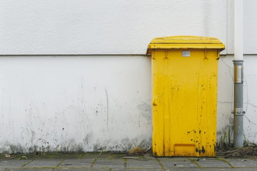 A yellow recycling container is on the street.