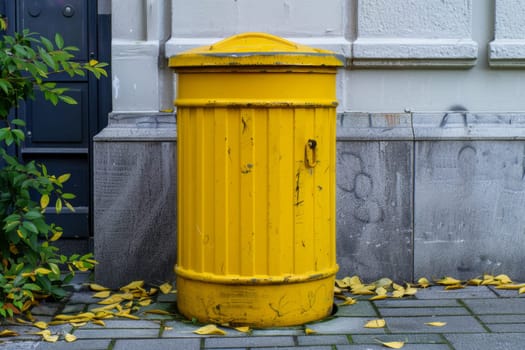 A yellow recycling container is on the street.