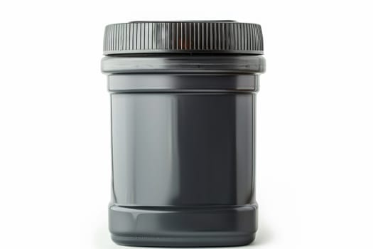 Black plastic canister for engine oil without label highlighted on a white background.