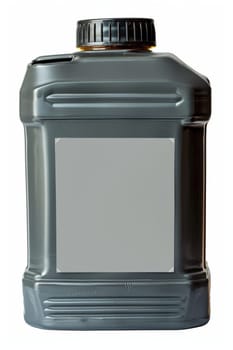 Black plastic canister for engine oil without label highlighted on a white background.