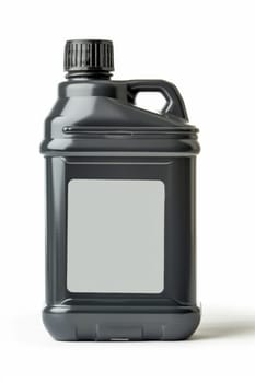 Black plastic canister for engine oil without label highlighted on a white background.