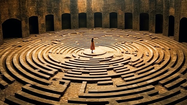 A girl is walking through a maze. The maze is surrounded by trees and has a circular shape