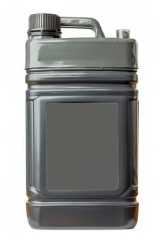 Black plastic canister for engine oil without label highlighted on a white background.