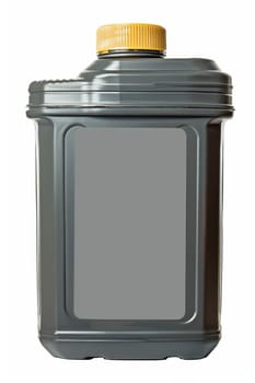 Black plastic canister for engine oil without label highlighted on a white background.