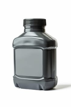 Black plastic canister for engine oil without label highlighted on a white background.