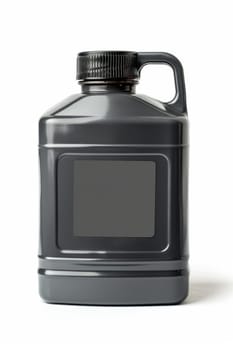 Black plastic canister for engine oil without label highlighted on a white background.