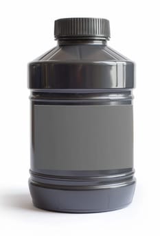 Black plastic canister for engine oil without label highlighted on a white background.