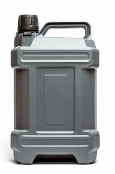 Black plastic canister for engine oil without label highlighted on a white background.