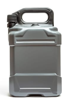 Black plastic canister for engine oil without label highlighted on a white background.