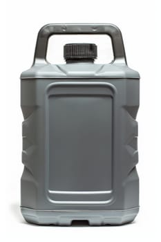 Black plastic canister for engine oil without label highlighted on a white background.