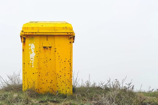 A yellow recycling container is on the street.