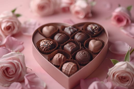 A heartshaped box of chocolates, made with natural ingredients, surrounded by beautiful pink roses, perfect for adding sweetness to any special occasion