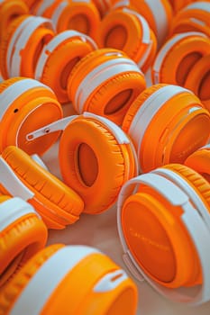 A set of orange headphones highlighted on an orange background.