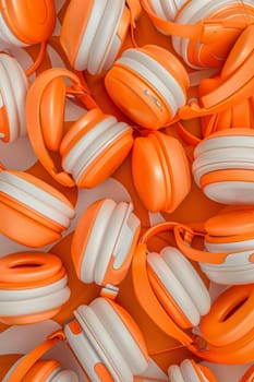 A set of orange headphones highlighted on a white background.