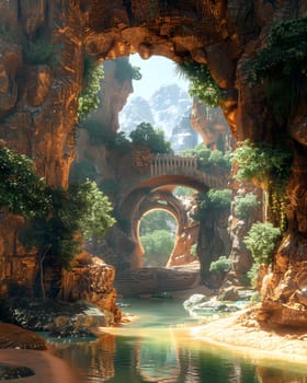 A picturesque arch bridge spans a river inside a cave, surrounded by lush trees and a serene lake. The natural landscape is like a painting brought to life