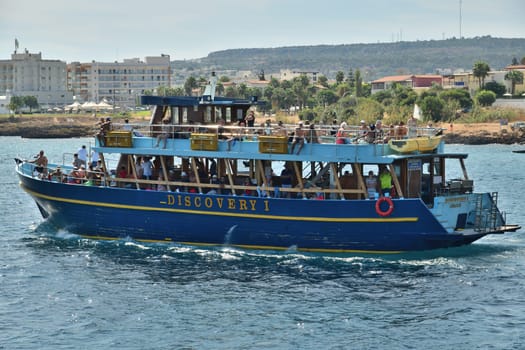 Protaras, Cyprus - Oct 10. 2019. Discovery I -Sightseeing ship with the tourists sets sail