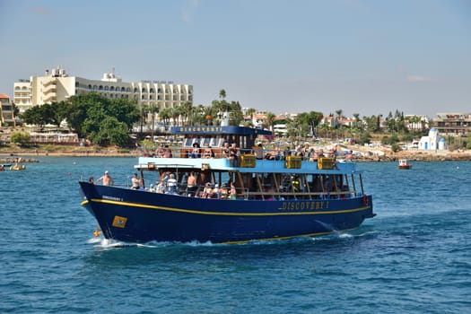 Protaras, Cyprus - Oct 10. 2019. Discovery I -Sightseeing ship with the tourists sets sail