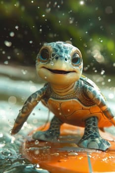 A turtle floating on a surfboard.