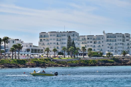 Pernera, Cyprus - Oct 10. 2019. View of resort hotels from the sea