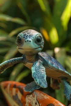 A turtle holding a surfboard before swimming.