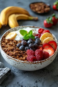 a bowl of yogurt and berries on the table. The concept of healthy food.