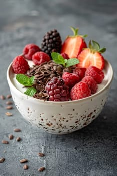 a bowl of yogurt and berries on the table. The concept of healthy food.