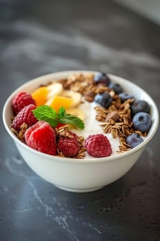 a bowl of yogurt and berries on the table. The concept of healthy food.