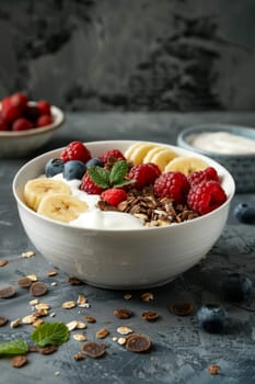 a bowl of yogurt and berries on the table. The concept of healthy food.