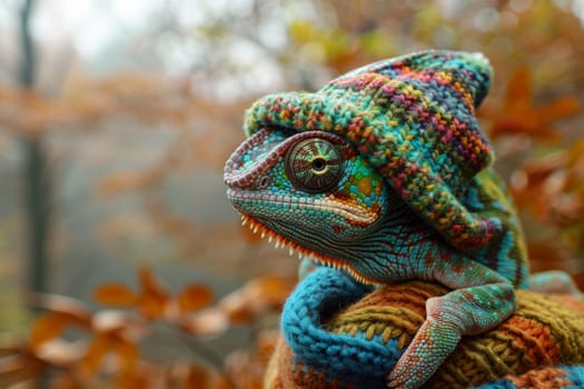 A chameleon in a bright hat on the background of a forest landscape.