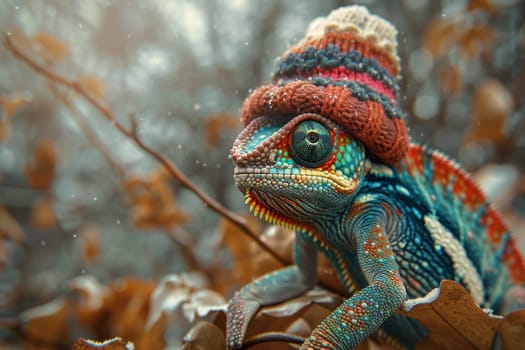 A chameleon in a bright hat on the background of a forest landscape.