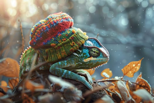 A chameleon in a bright hat on the background of a forest landscape.