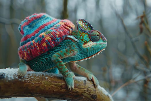 A chameleon in a bright hat on the background of a forest landscape.