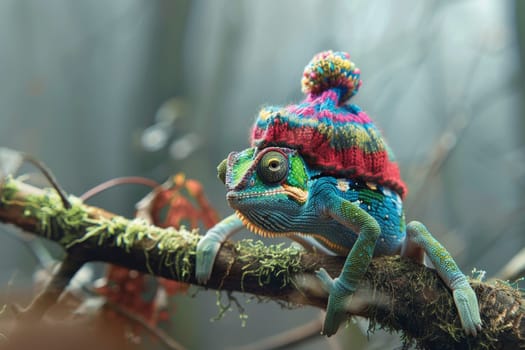 A chameleon in a bright hat on the background of a forest landscape.