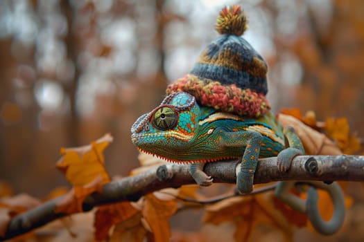 A chameleon in a bright hat on the background of a forest landscape.