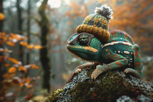 A chameleon in a bright hat on the background of a forest landscape.