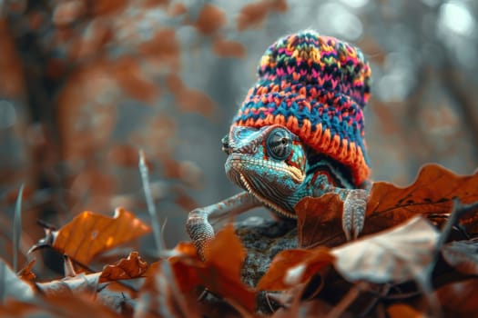 A chameleon in a bright hat on the background of a forest landscape.