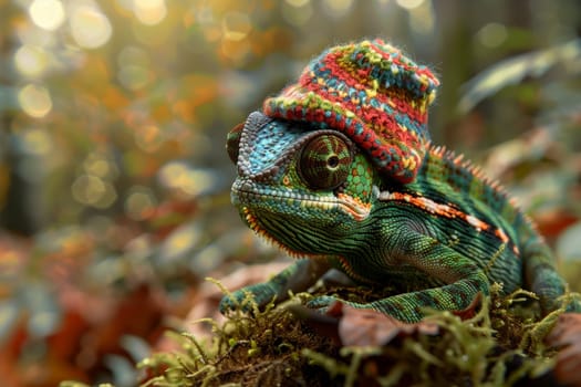 A chameleon in a bright hat on the background of a forest landscape.