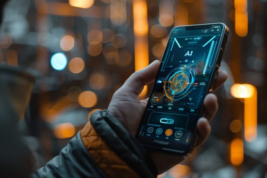 A man holds a smartphone with artificial intelligence technologies in his hands. Close-up.