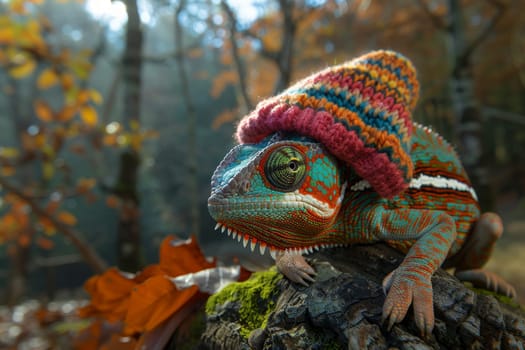 A chameleon in a bright hat on the background of a forest landscape.