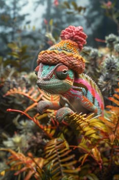 A chameleon in a bright hat on the background of a forest landscape.