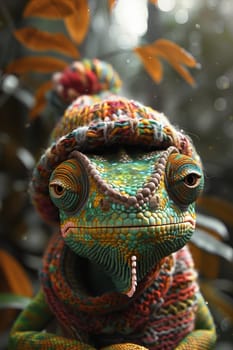 A chameleon in a bright hat on the background of a forest landscape.