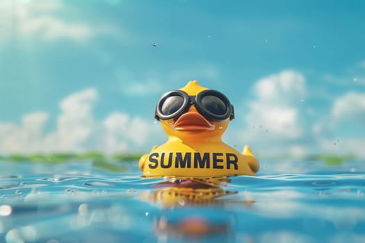 A bright yellow rubber duck with sunglasses floating in water, enjoying a playful moment under the sun. The inscription on the duck is summer