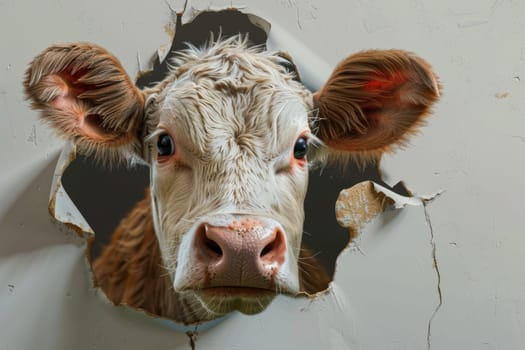 A cow peeks through a hole in the wall.