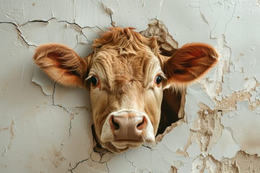 A cow peeks through a hole in the wall.