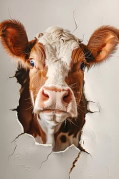 A cow peeks through a hole in the wall.