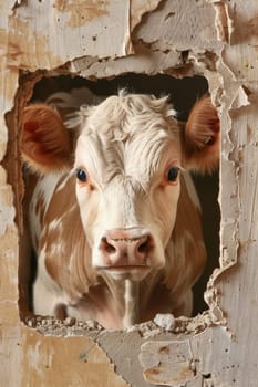 A cow peeks through a hole in the wall.