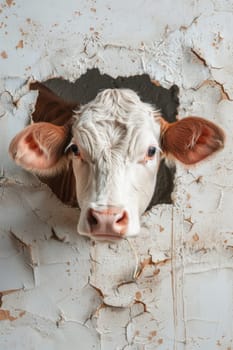 A cow peeks through a hole in the wall.