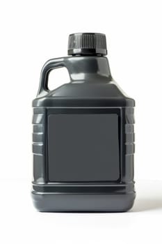 Black plastic canister for engine oil without label highlighted on a white background.