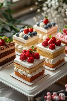 A white tray filled with various types of cakes, showcasing a delicious assortment for a sweet treat.